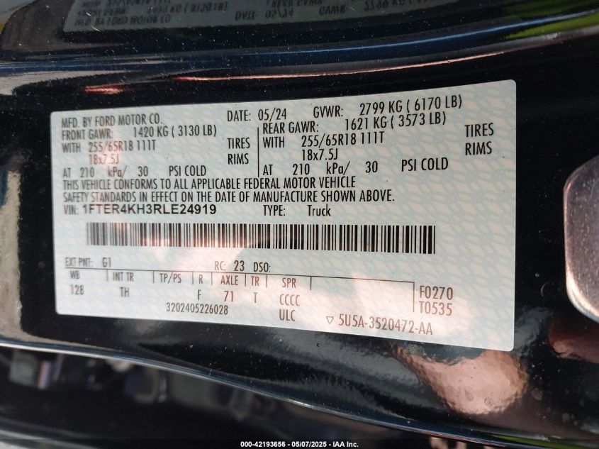 2024 Ford Ranger Lariat VIN: 1FTER4KH3RLE24919 Lot: 42193656