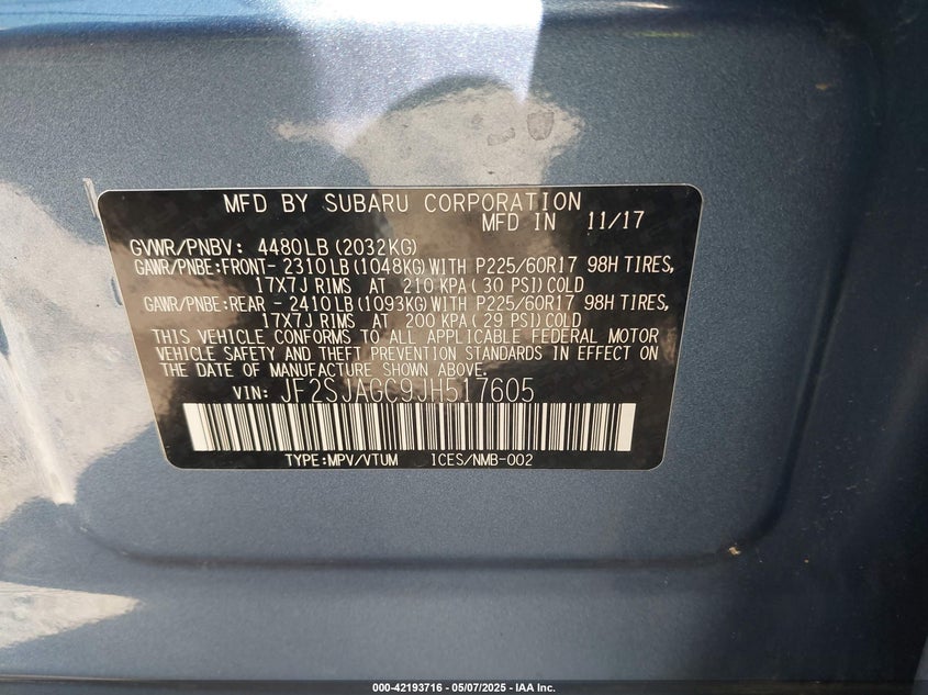 2018 SUBARU FORESTER VIN: JF2SJAGC9JH517605