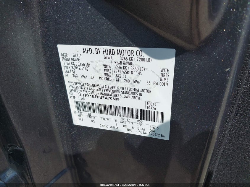 2011 FORD F-150 VIN: 1FTFX1EF6BFA70899