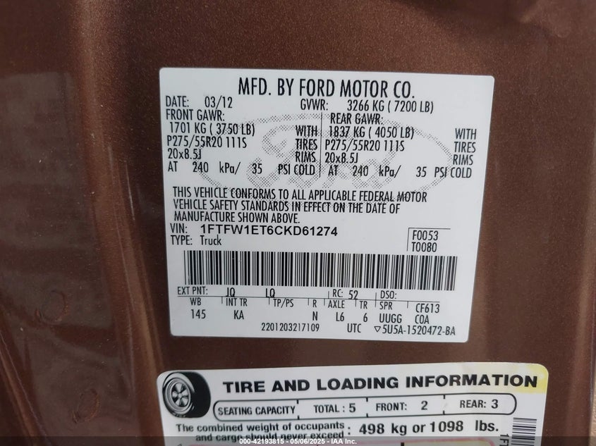 2012 FORD F150 VIN: 1FTFW1ET6CKD61274