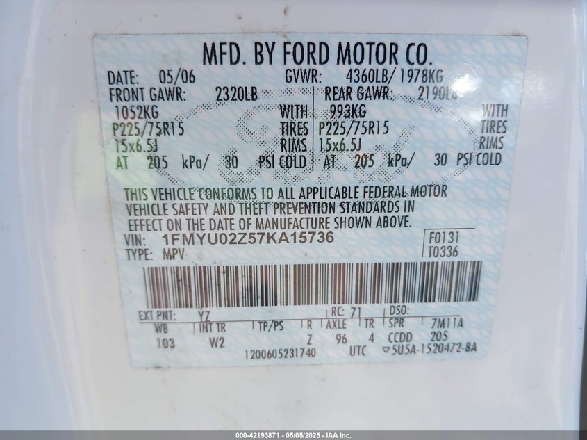 2007 FORD ESCAPE VIN: 1FMYU02Z57KA15736