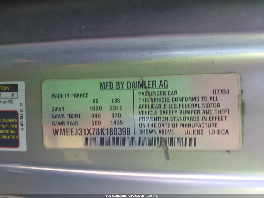 2008 SMART FORTWO VIN: WMEEJ31X78K180398