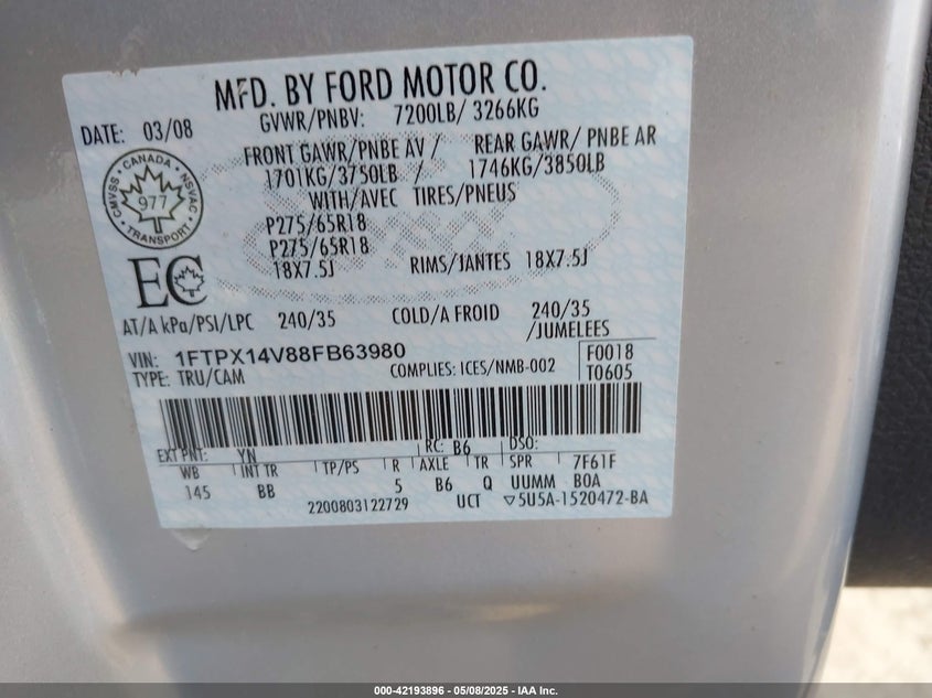 2008 FORD F-150 VIN: 1FTPX14V88FB63980