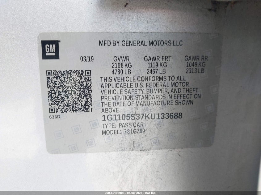 2019 CHEVROLET IMPALA VIN: 1G1105S37KU133688