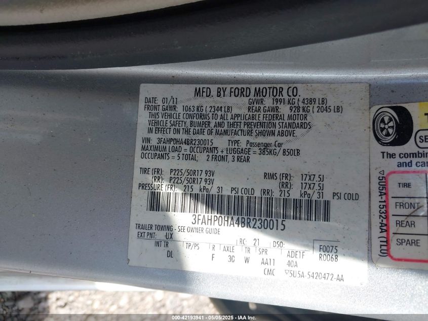 2011 Ford Fusion Se VIN: 3FAHP0HA4BR230015 Lot: 42193941