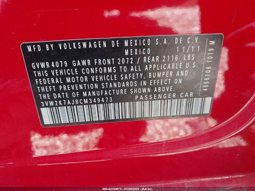 2012 Volkswagen Jetta 2.0L S VIN: 3VW2K7AJ8CM349473 Lot: 42193973