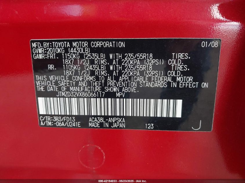 2008 Toyota Rav4 Sport VIN: JTMZD32VX86066117 Lot: 42194033