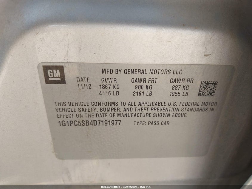 2013 CHEVROLET CRUZE VIN: 1G1PC5SB4D7191977