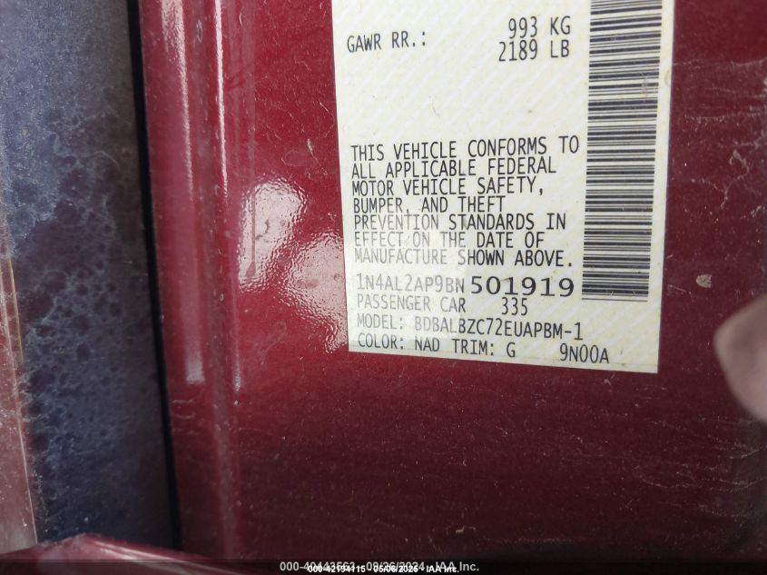 2011 Nissan Altima 2.5 S VIN: 1N4AL2AP9BN501919 Lot: 42194115