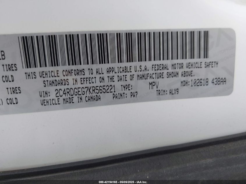 2019 Dodge Grand Caravan Gt VIN: 2C4RDGEG7KR565221 Lot: 42194165