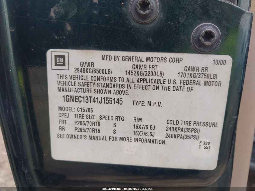 2001 Chevrolet Tahoe Lt VIN: 1GNEC13T41J155145 Lot: 42194189