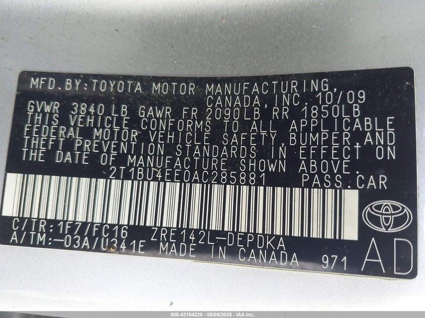 2010 TOYOTA COROLLA VIN: 2T1BU4EE0AC285881