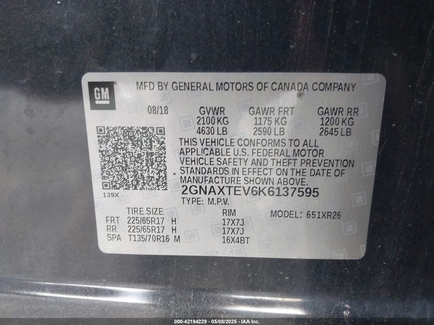 2019 CHEVROLET EQUINOX LT - 2GNAXTEV6K6137595