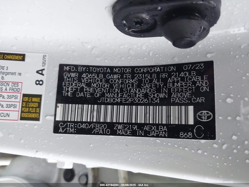 2023 TOYOTA COROLLA VIN: JTDBCMFE2P3026134