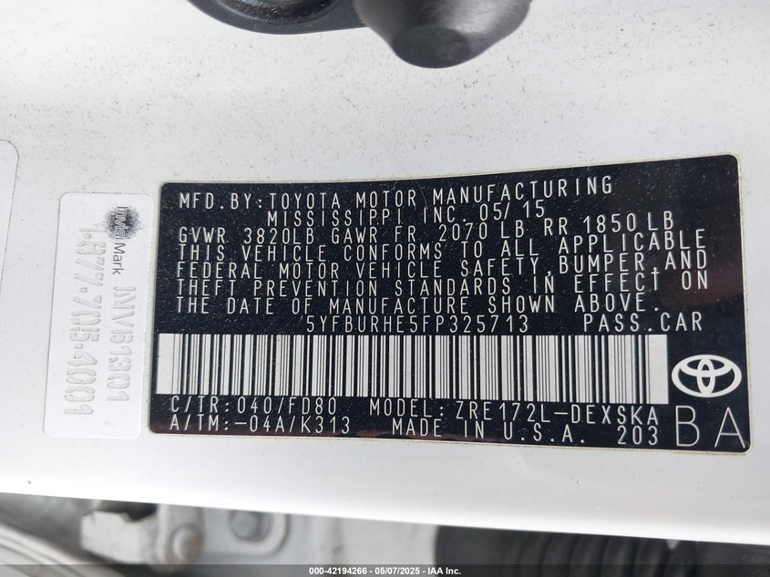 2015 TOYOTA COROLLA S PLUS - 5YFBURHE5FP325713