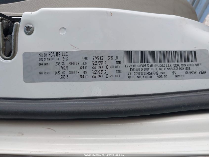 2017 Dodge Grand Caravan Sxt VIN: 2C4RDGCG1HR867700 Lot: 42194285