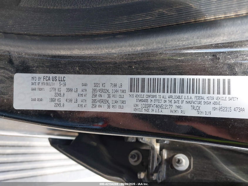 2019 RAM 1500 LIMITED  4X4 5'7 BOX - 1C6SRFHT4KN512177