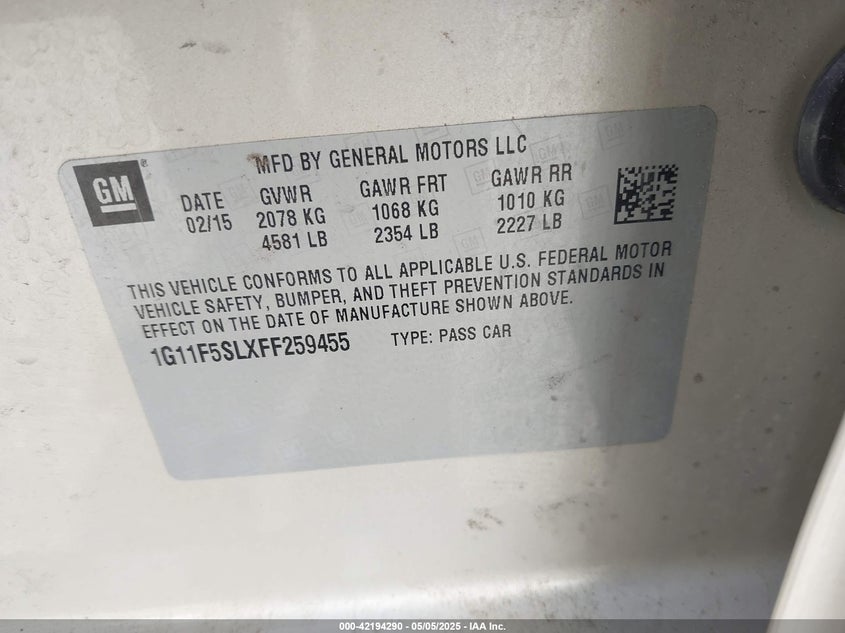 2015 CHEVROLET MALIBU VIN: 1G11F5SLXFF259455