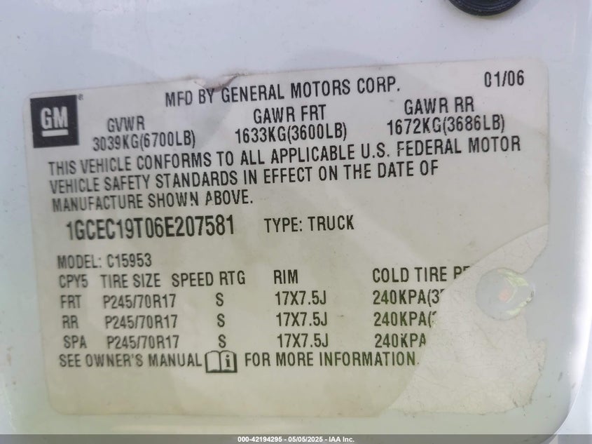 2006 CHEVROLET SILVERADO 1500 VIN: 1GCEC19T06E207581