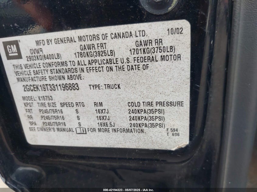 2003 Chevrolet Silverado 1500 Ls VIN: 2GCEK19T331196883 Lot: 42194323