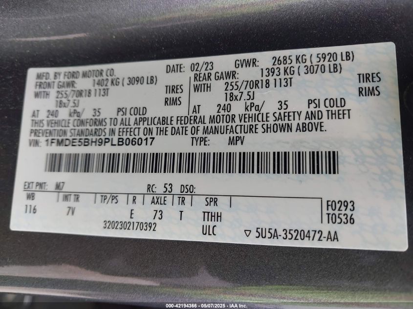 2023 Ford Bronco Outer Banks VIN: 1FMDE5BH9PLB06017 Lot: 42194366