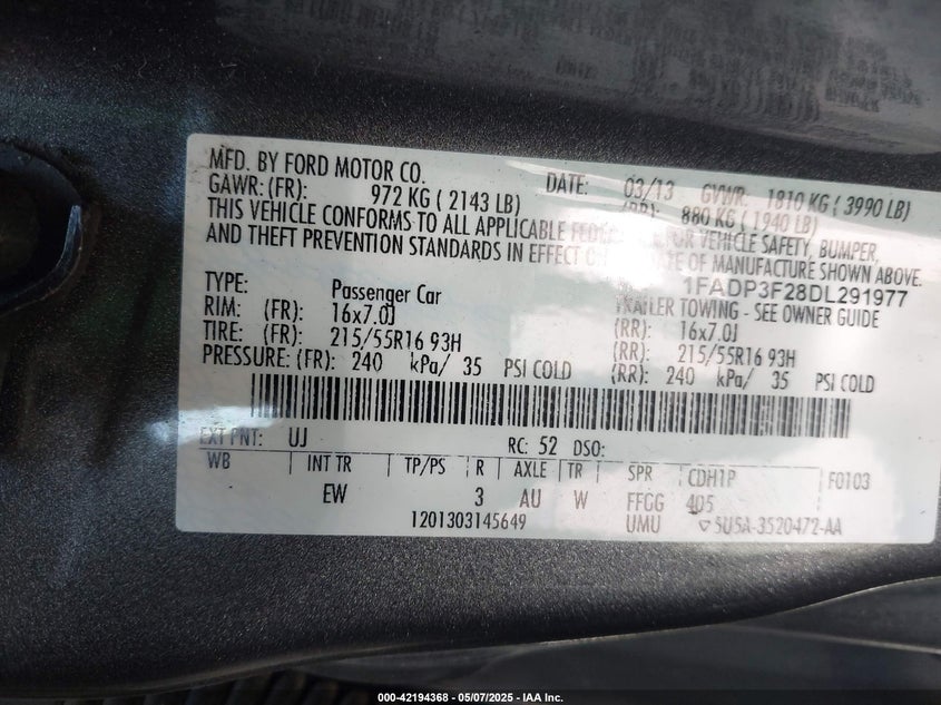 2013 FORD FOCUS VIN: 1FADP3F28DL291977