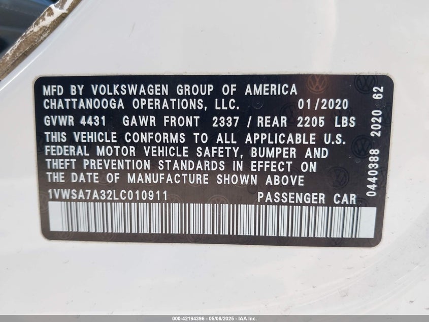 2020 VOLKSWAGEN PASSAT VIN: 1VWSA7A32LC010911