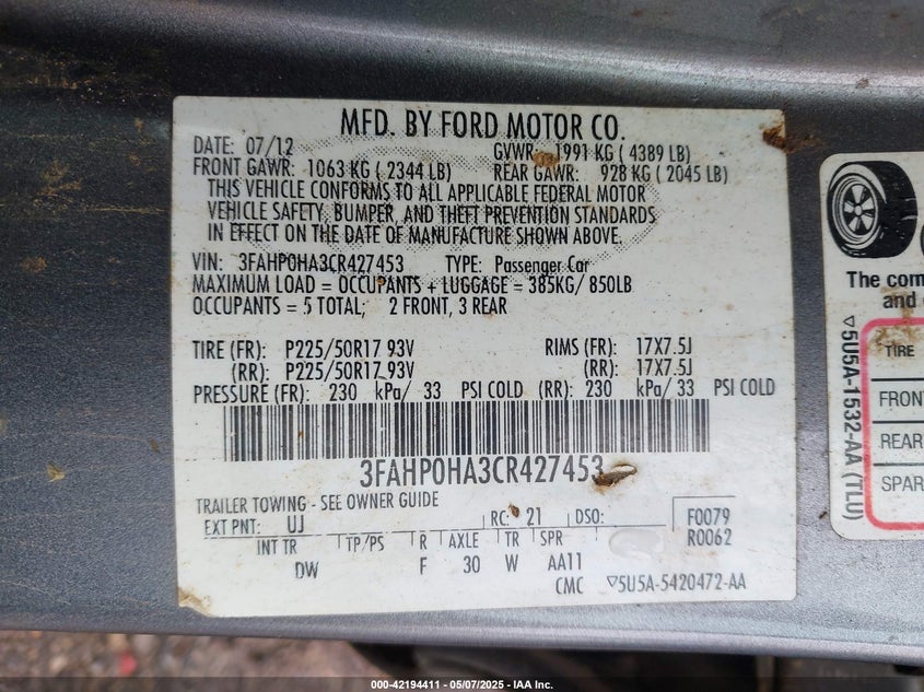 2012 FORD FUSION VIN: 3FAHP0HA3CR427453