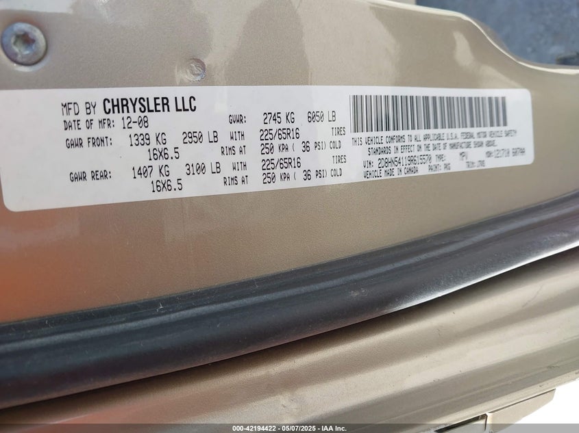 2009 DODGE GRAND CARAVAN VIN: 2D8HN54119R615570