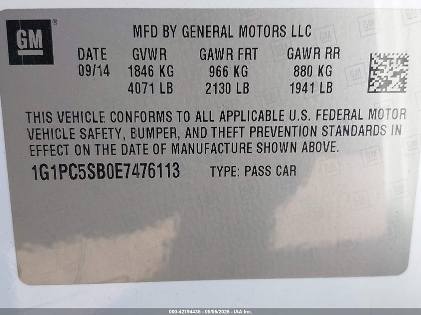 2014 CHEVROLET CRUZE VIN: 1G1PC5SB0E7476113
