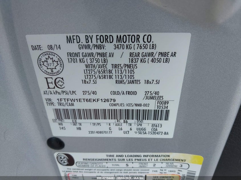 2014 FORD F-150 VIN: 1FTFW1ET6EKF12679