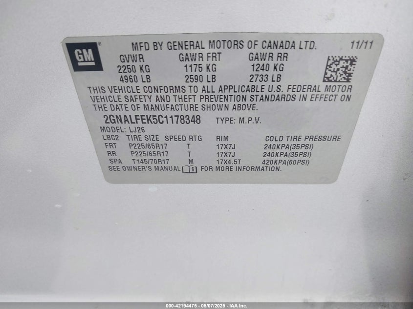 2012 CHEVROLET EQUINOX VIN: 2GNALFEK5C1178348