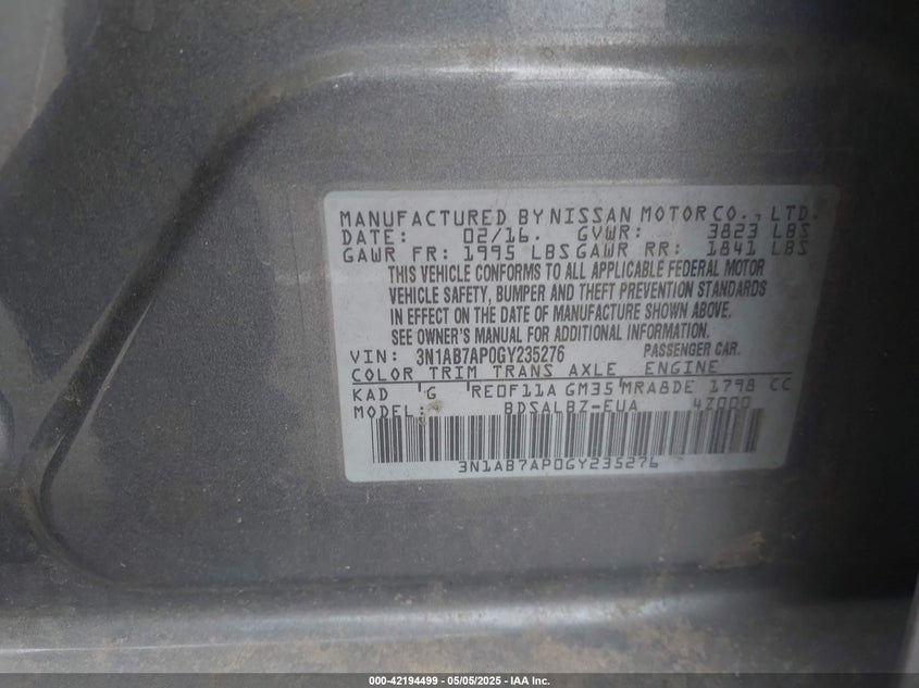 2016 NISSAN SENTRA VIN: 3N1AB7AP0GY235276
