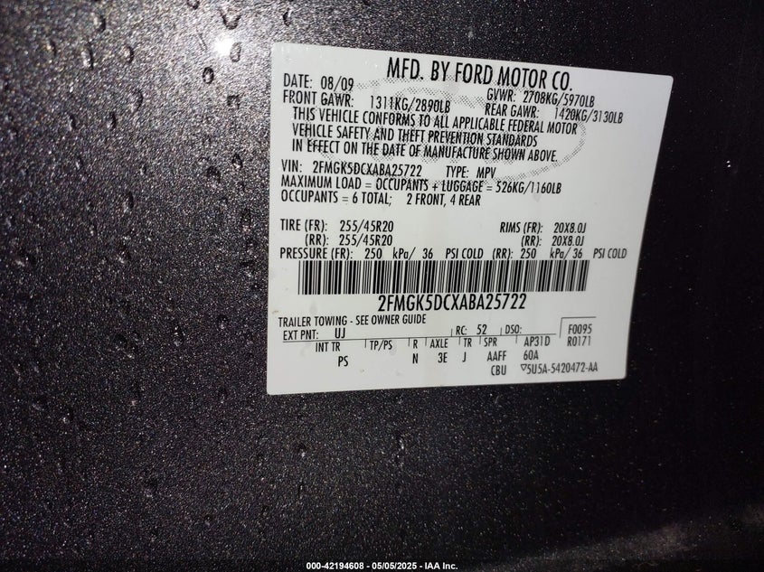 2010 FORD FLEX VIN: 2FMGK5DCXABA25722