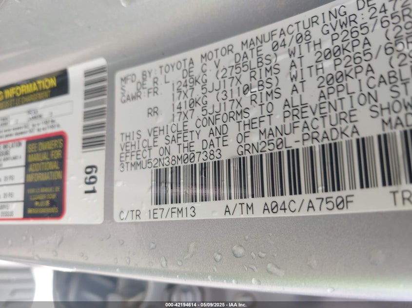 2008 TOYOTA TACOMA VIN: 3TMMU52N38M007383