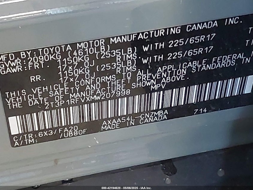 VIN 2T3P1RFVXMW207998 2021 TOYOTA RAV4 XLE