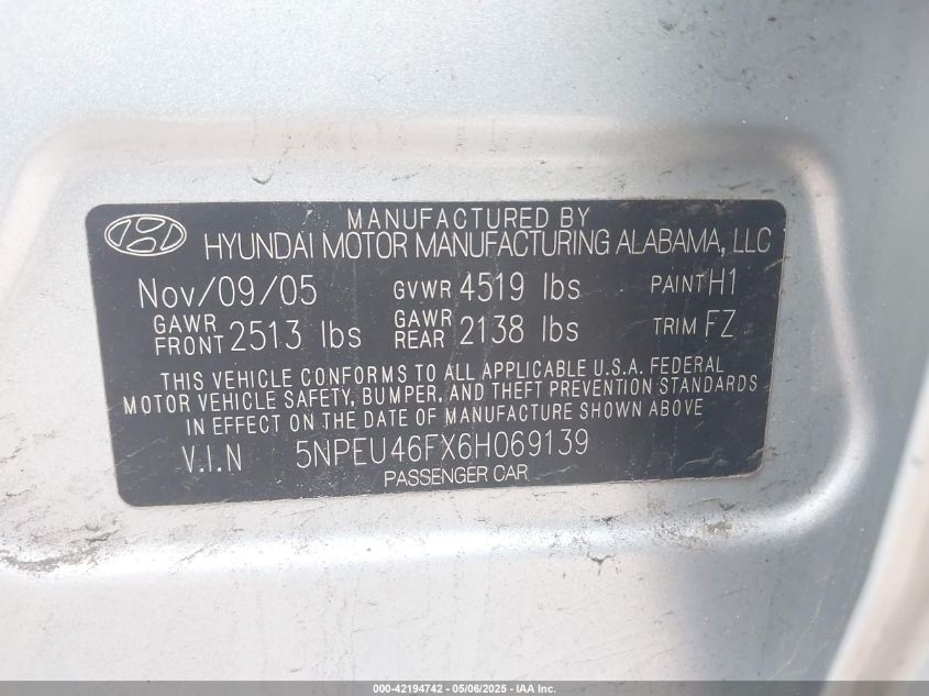 2006 Hyundai Sonata Gls V6/Lx V6 VIN: 5NPEU46FX6H069139 Lot: 42194742