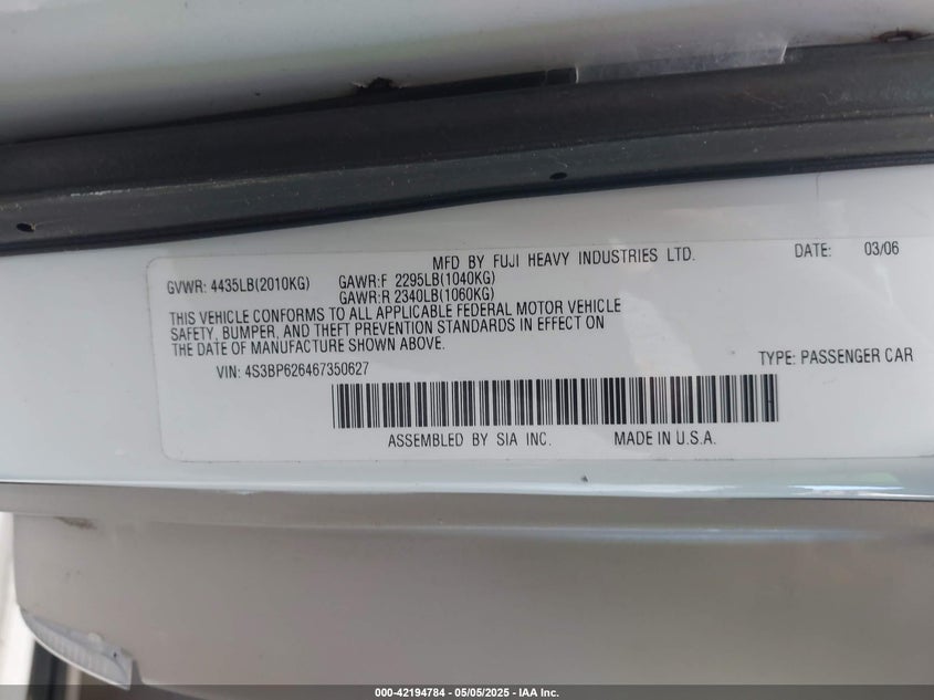 2006 SUBARU LEGACY VIN: 4S3BP626467350627