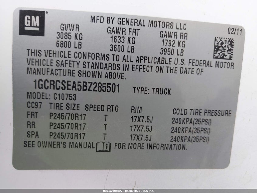 2011 CHEVROLET SILVERADO 1500 VIN: 1GCRCSEA5BZ285501