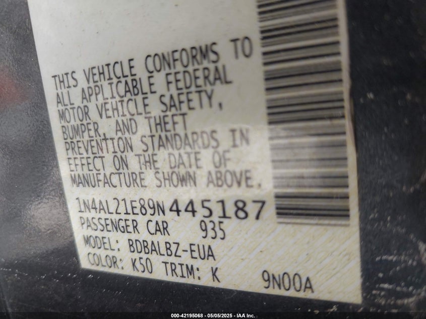 2009 NISSAN ALTIMA VIN: 1N4AL21E89N445187