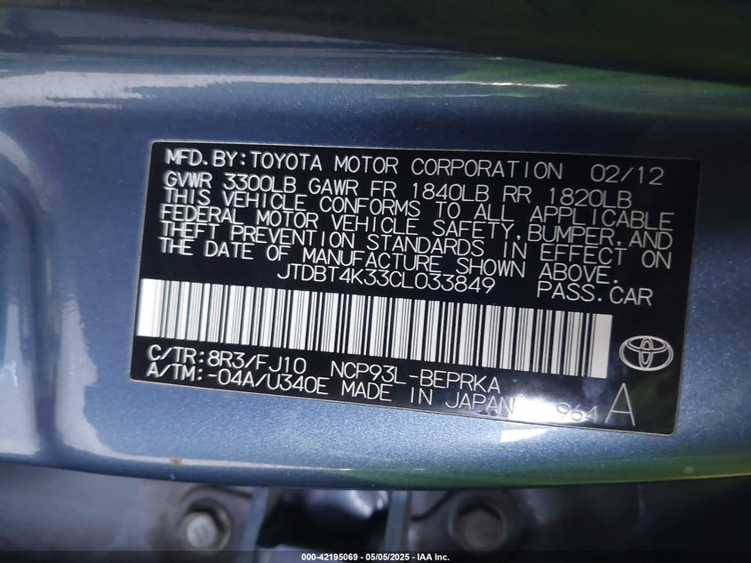 2012 TOYOTA YARIS VIN: JTDBT4K33CL033849