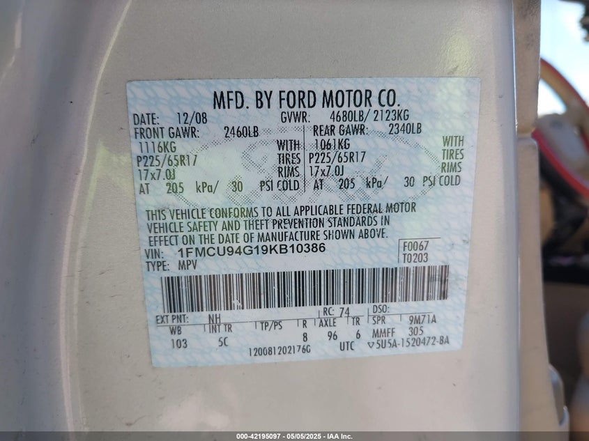 2009 FORD ESCAPE VIN: 1FMCU94G19KB10386