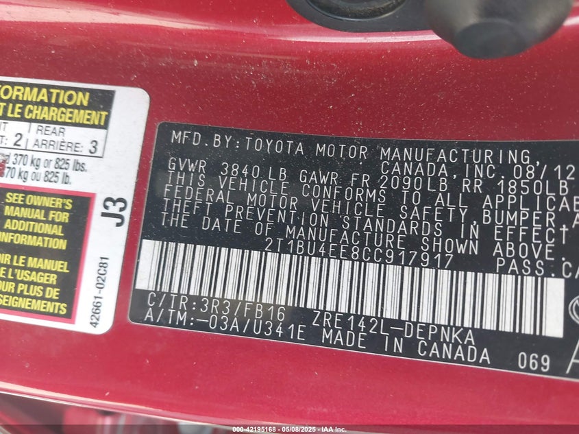 2012 TOYOTA COROLLA VIN: 2T1BU4EE8CC917917