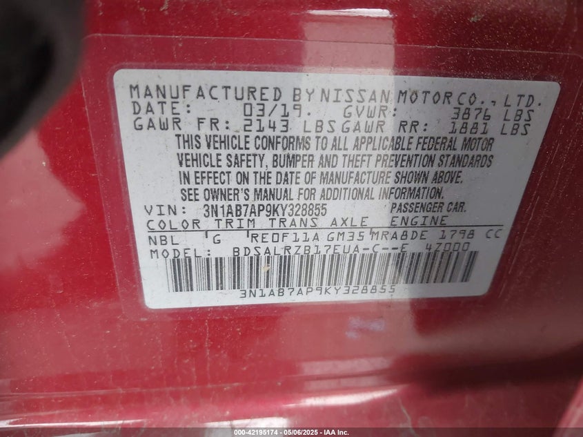 VIN 3N1AB7AP9KY328855 2019 NISSAN SENTRA SR