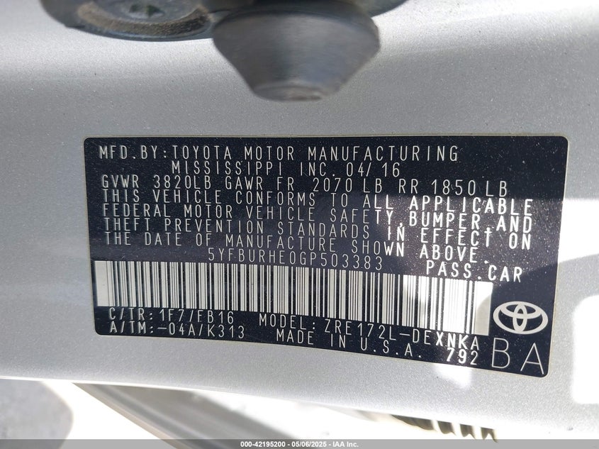 2016 TOYOTA COROLLA VIN: 5YFBURHE0GP503383