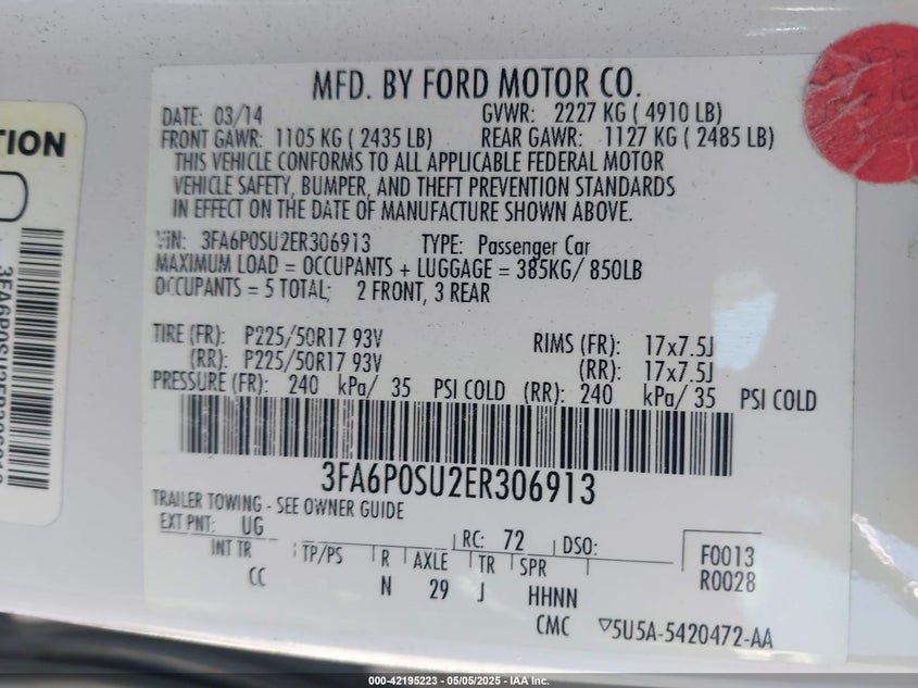 2014 FORD FUSION ENERGI VIN: 3FA6P0SU2ER306913