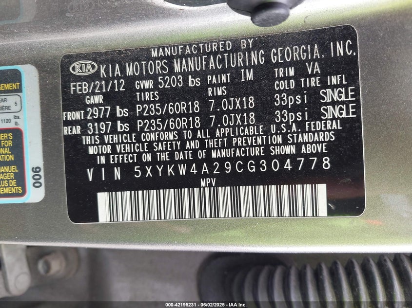 2012 KIA SORENTO VIN: 5XYKW4A29CG304778