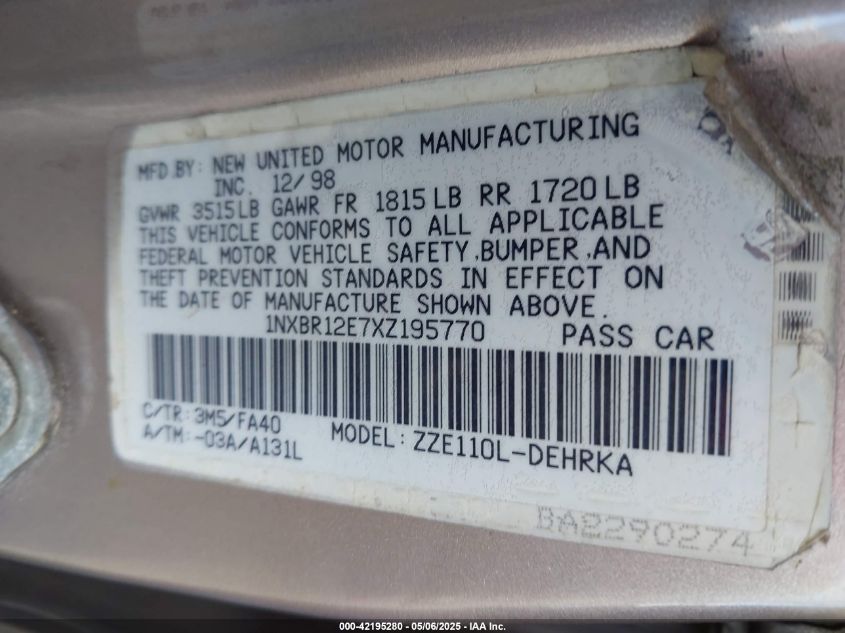 1999 Toyota Corolla Ce VIN: 1NXBR12E7XZ195770 Lot: 42195280