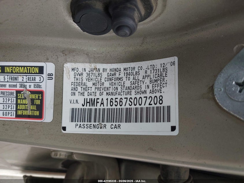 2007 HONDA CIVIC VIN: JHMFA16567S007208