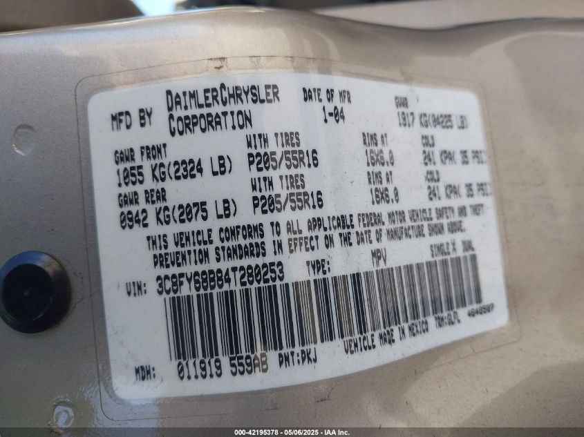 2004 Chrysler Pt Cruiser Limited VIN: 3C8FY68B84T280253 Lot: 42195378